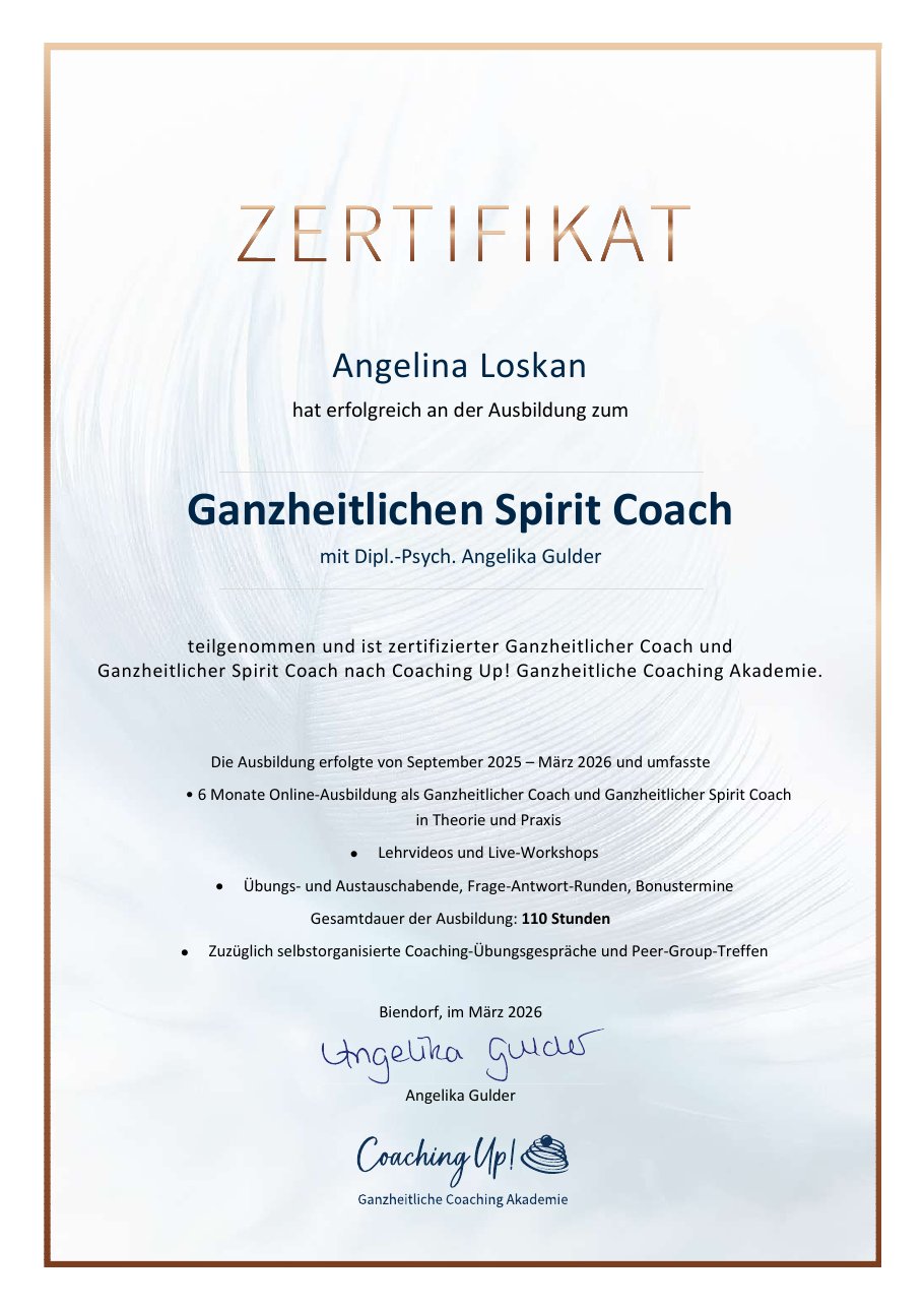 Zertifikat: Ganzheitlicher Spirit Coach, Coaching Up! Ganzheitliche Coaching Akademie